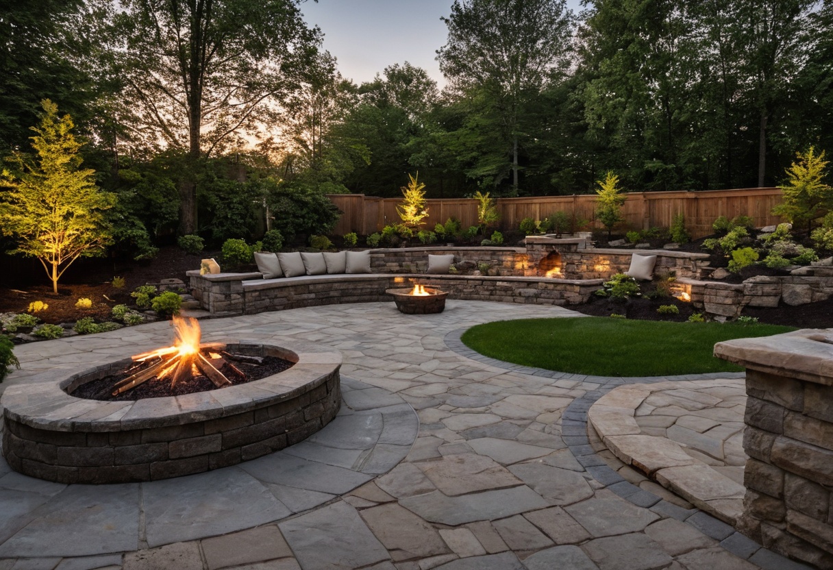 Landscaped backyard with stone patio, retaining wall and fire pit at dusk