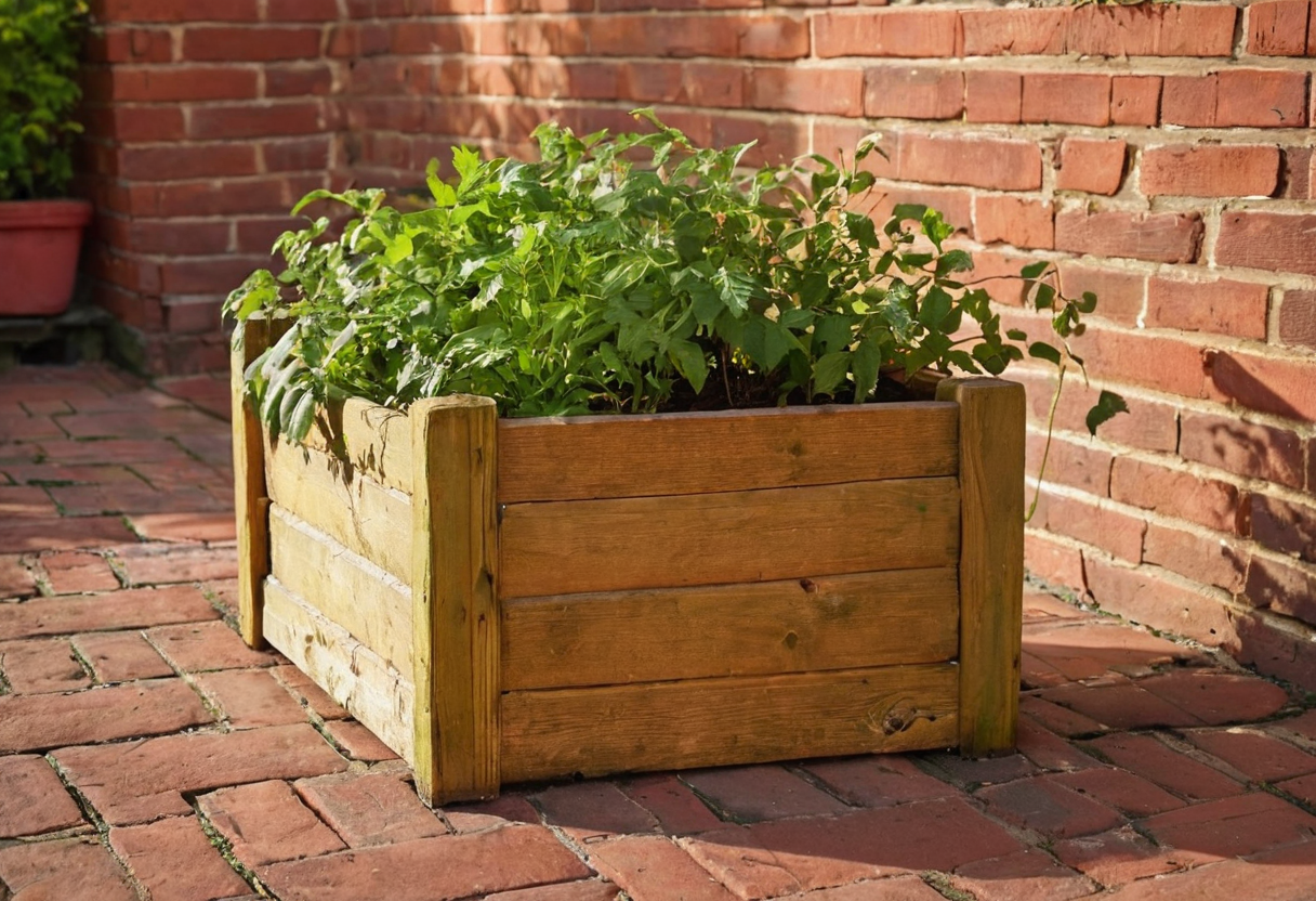 Small timber planter with green plants on brick paving beside a red brick wall.