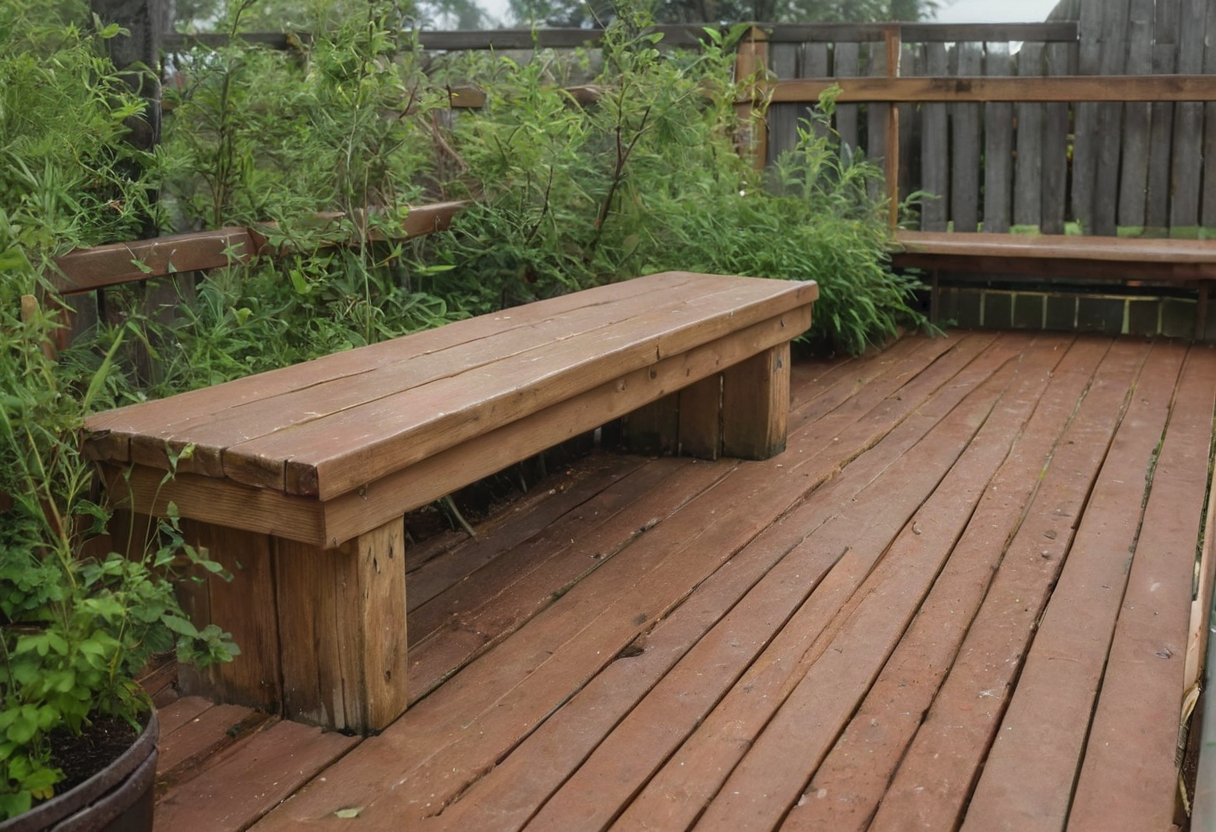 Wooden garden bench on a timber deck with tall green plants in planters behind it.