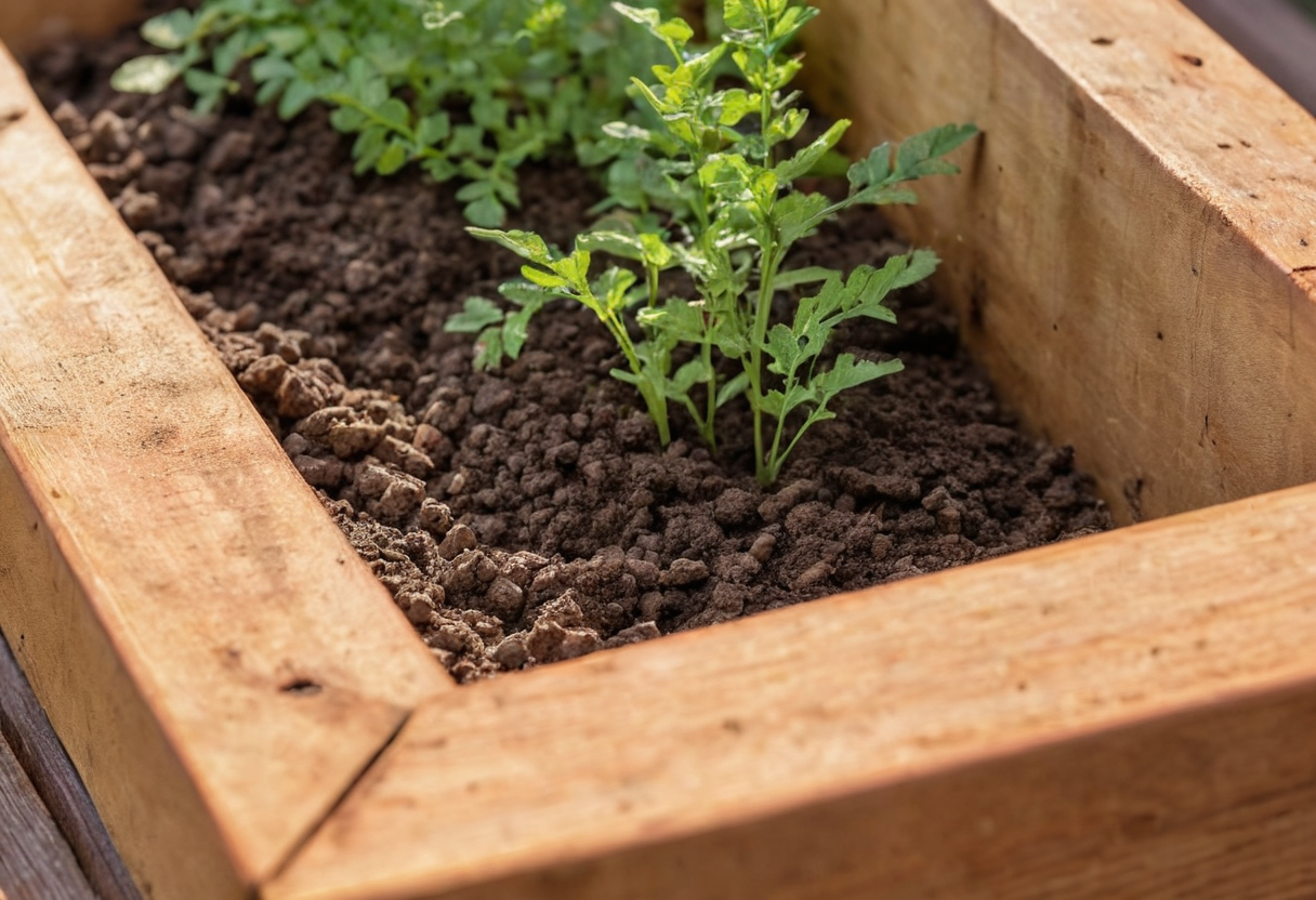 Close-up view into a timber raised planter showing dark soil and small green plants along the wooden rim.