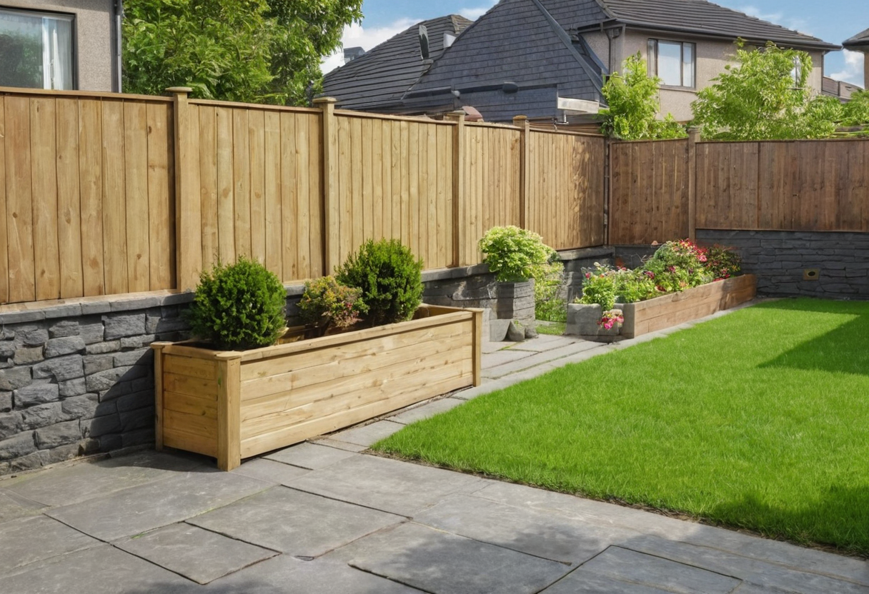 Wide yard with two long rectangular timber planters along a paved strip beside a green lawn and timber fence.