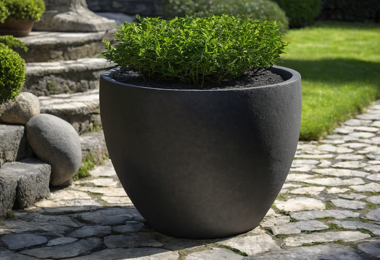 Large round charcoal planter with green foliage on irregular pale stone paving near garden steps.