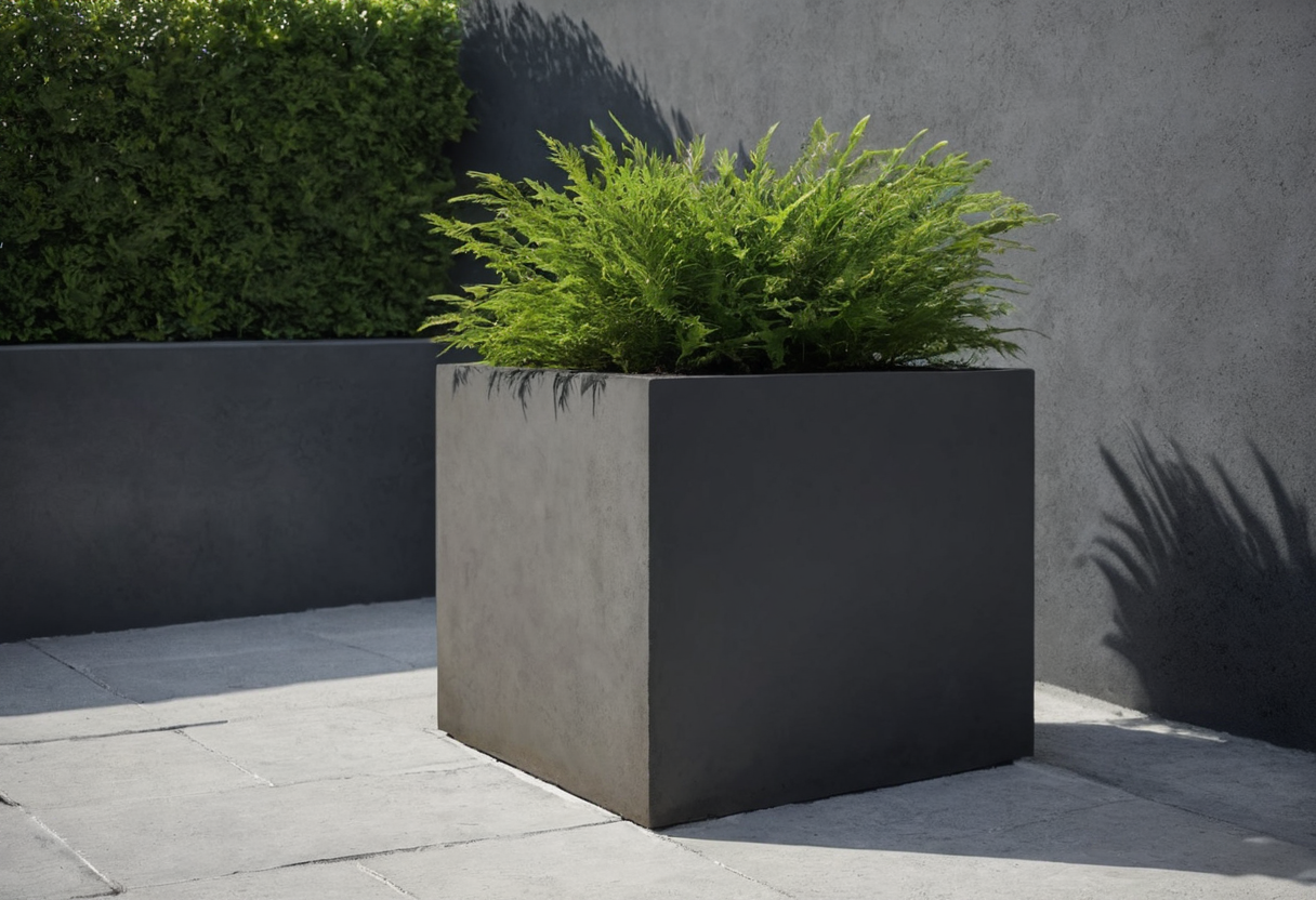 Square two-tone charcoal and pale gray planter with green foliage beside a straight gray patio edge.