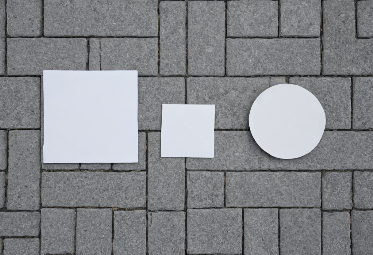 Overhead view of two white square paper cutouts of different sizes and one white circular cutout arranged on gray pavers.