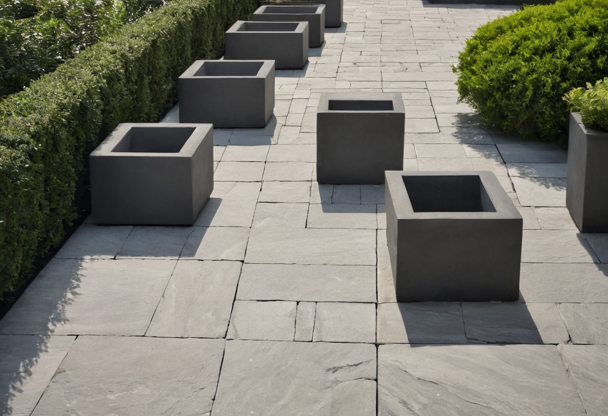 Elevated view of a row of empty dark square planters of similar outline but varying sizes on pale stone paving beside shrubs.