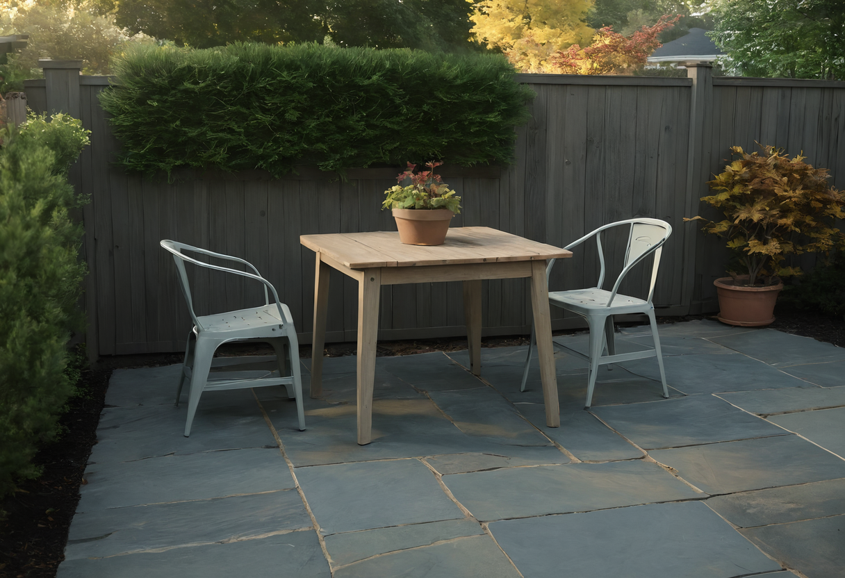 Small wooden dining table with two metal chairs on bluestone paving in a fenced yard