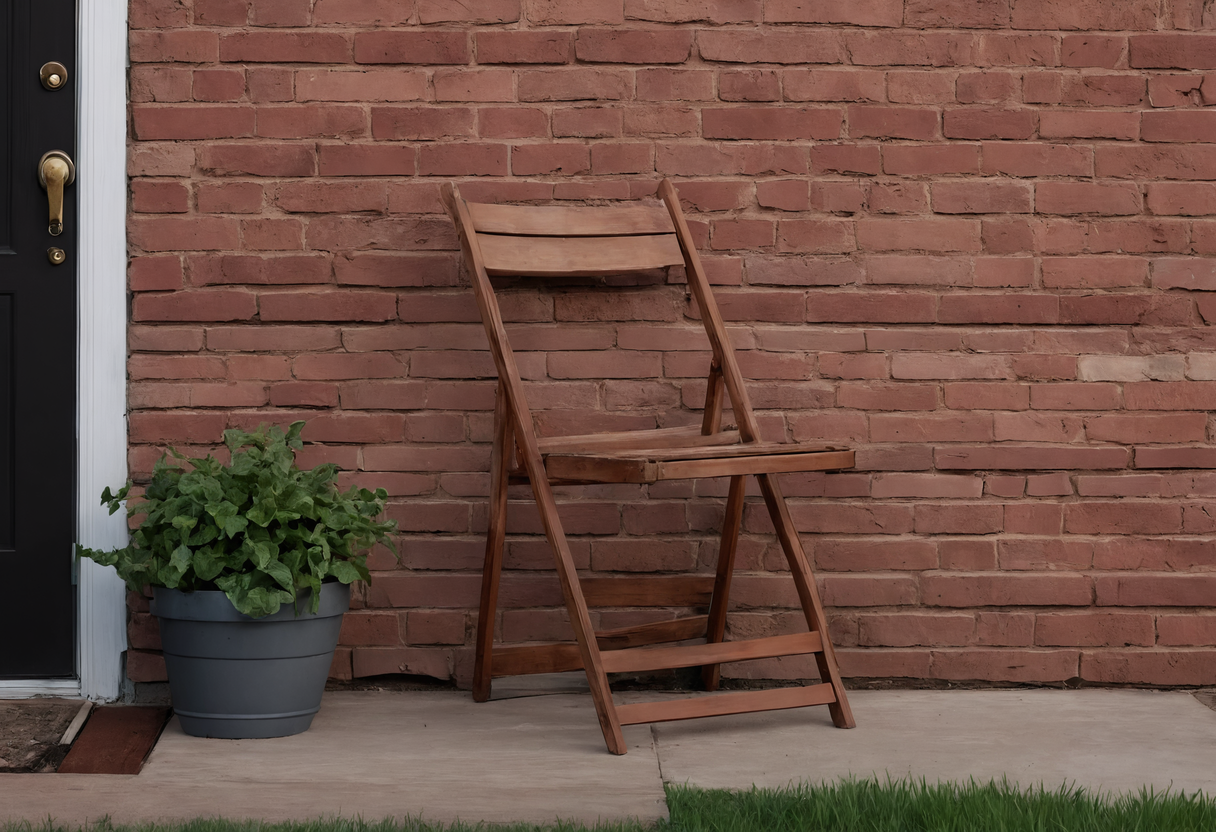 Folded wooden chair leaning against a brick wall beside a back door and a potted plant