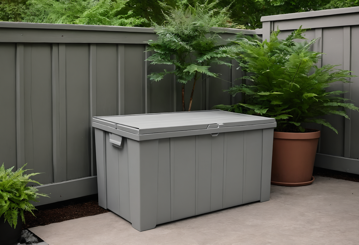 Closed grey resin storage box in a patio corner against a wooden fence with potted ferns