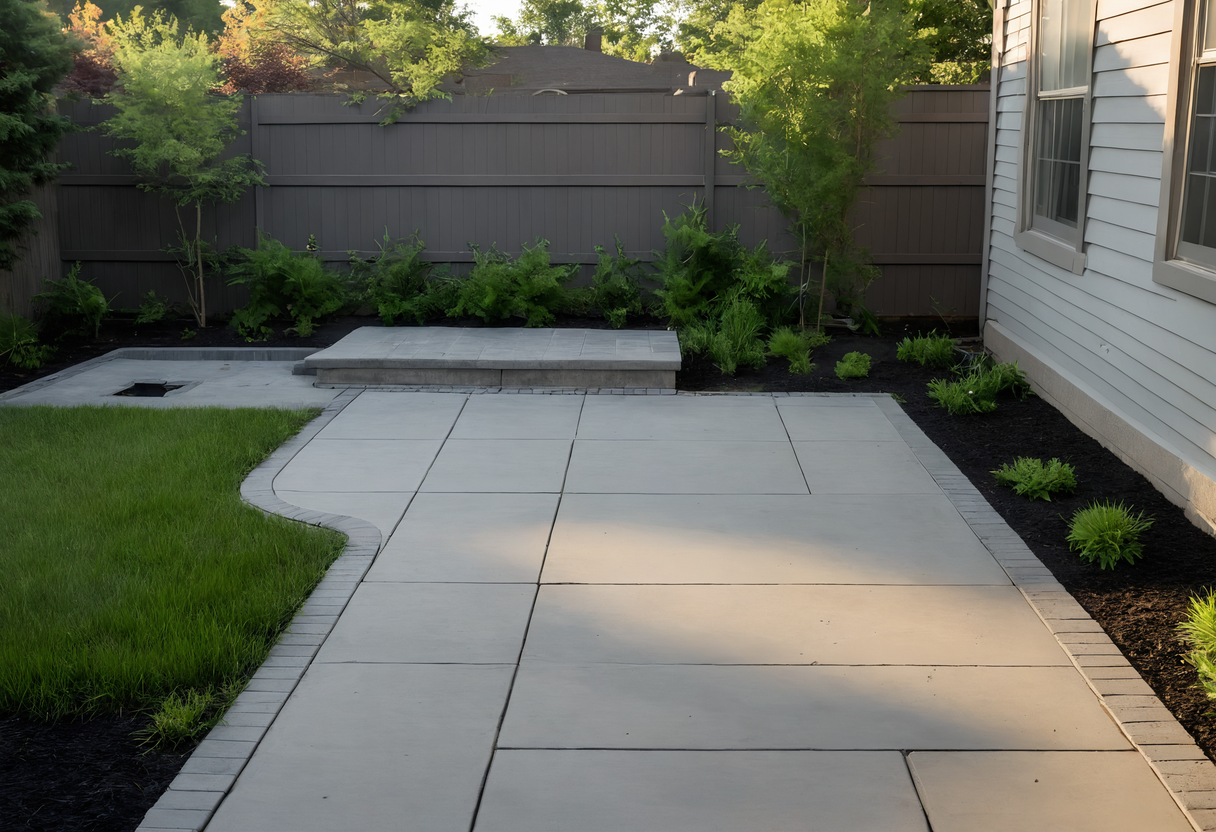 Empty square patio of large grey pavers next to lawn, a fence and a planted bed