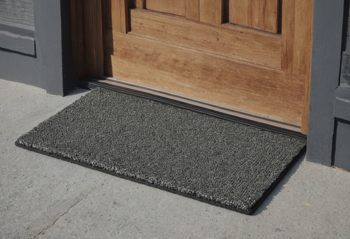 Dark gray textured rectangular mat on a concrete step below a closed wooden door and metal threshold.