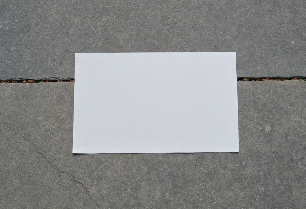Plain blank white paper rectangle on gray stone porch paving.