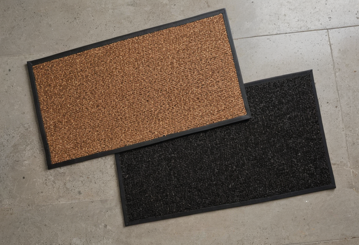 Coarse brown and black rectangular doormats overlapping on a plain gray floor.