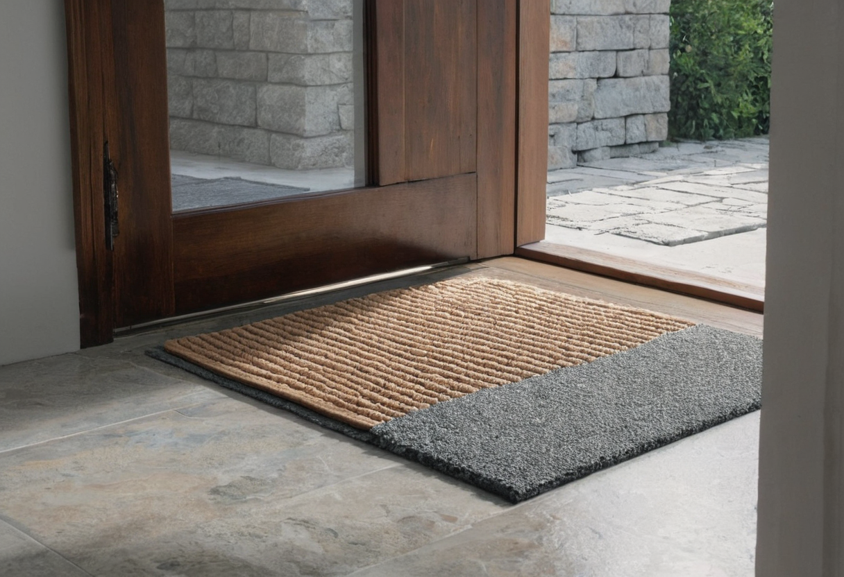 Partly open wooden entrance door beside tan and gray textured mats on light stone flooring.