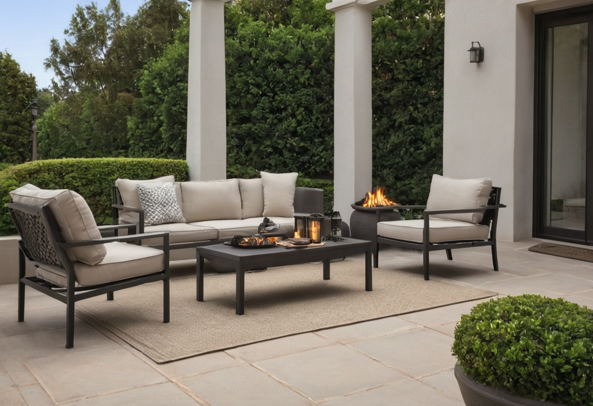 Beige woven rug on a pale stone patio with a sofa, two chairs, a low table, and a lit fire bowl.