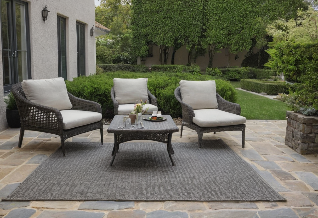 Three cushioned woven chairs and a low table on a gray rectangular rug over a stone patio near a lawn and plants.