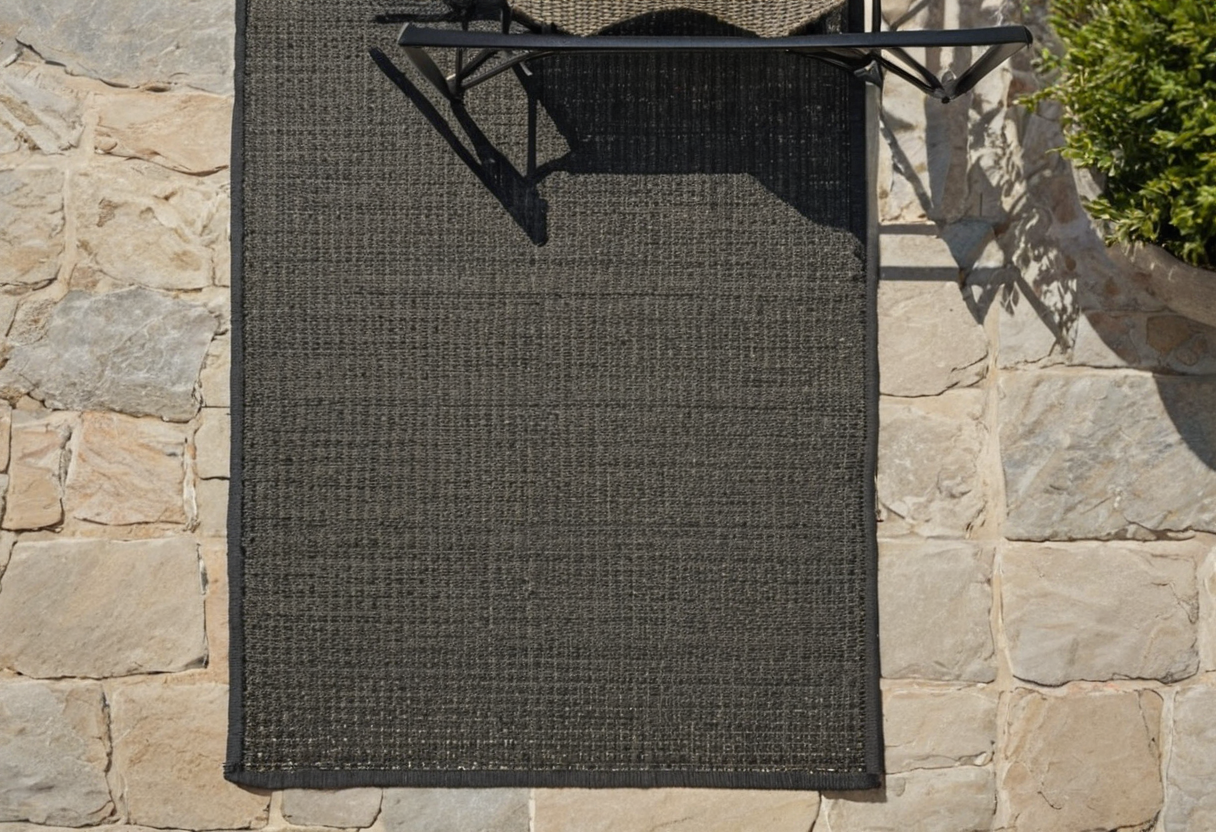 Gray woven rug with a straight dark bound edge against irregular light stone paving, with a partial black chair frame visible.