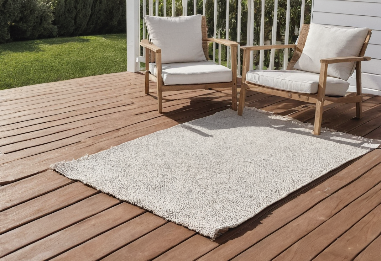 Two pale cushioned wooden chairs beside an unrolled light-colored rectangular rug on a timber deck.