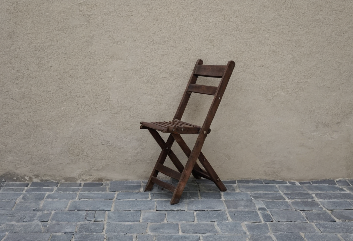 A single open wooden chair stands on gray paving against a light plaster wall, showing its side frame and crossing supports.