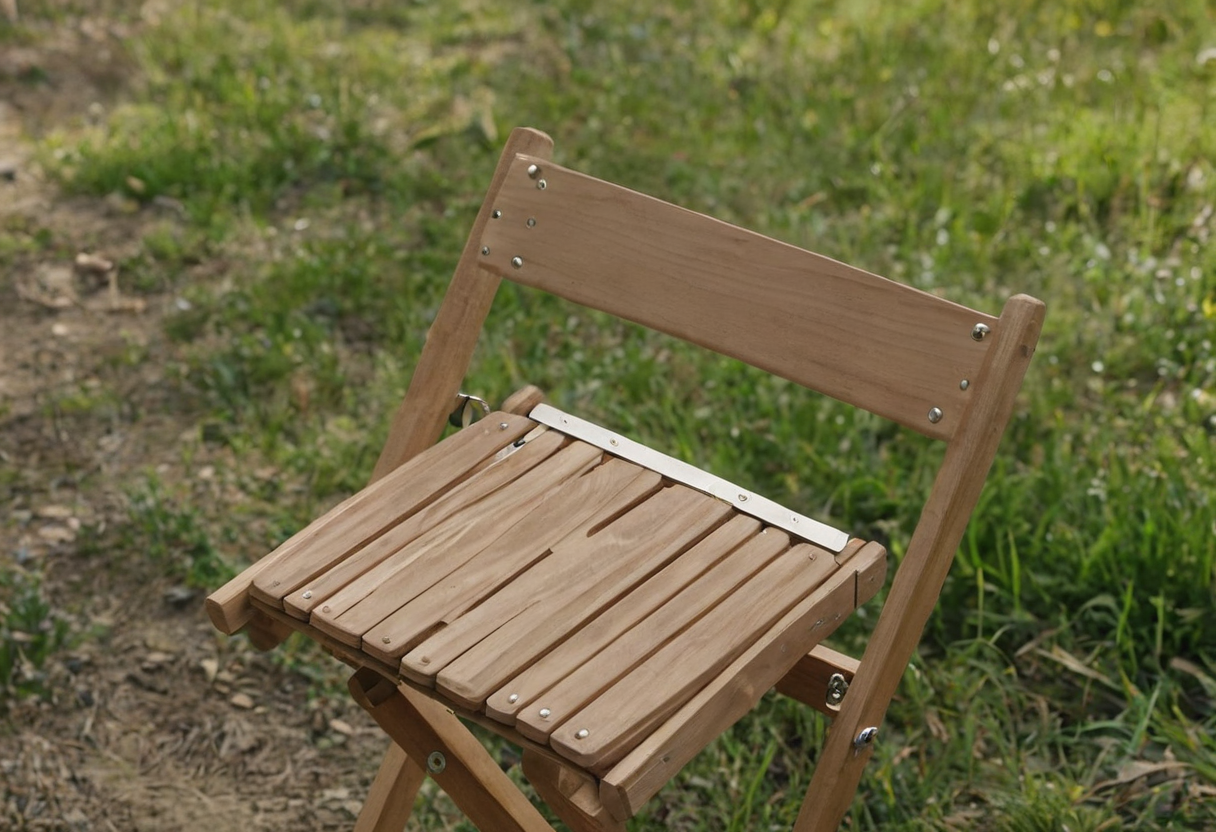 Close-up view of the slatted seat, plain backrest, and hinge hardware of an open wooden chair outdoors.