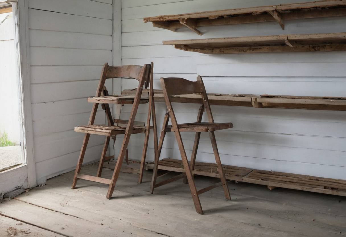 Two weathered open wooden chairs stand inside a storage room with wall-mounted shelves and daylight from a doorway.