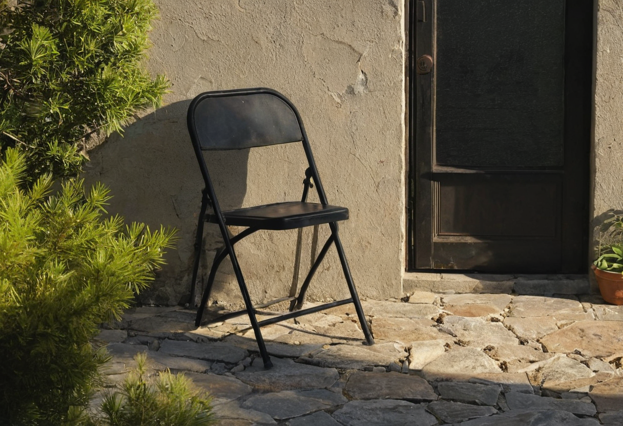 An open black metal chair stands on stone paving beside a dark wooden door and leafy plants.