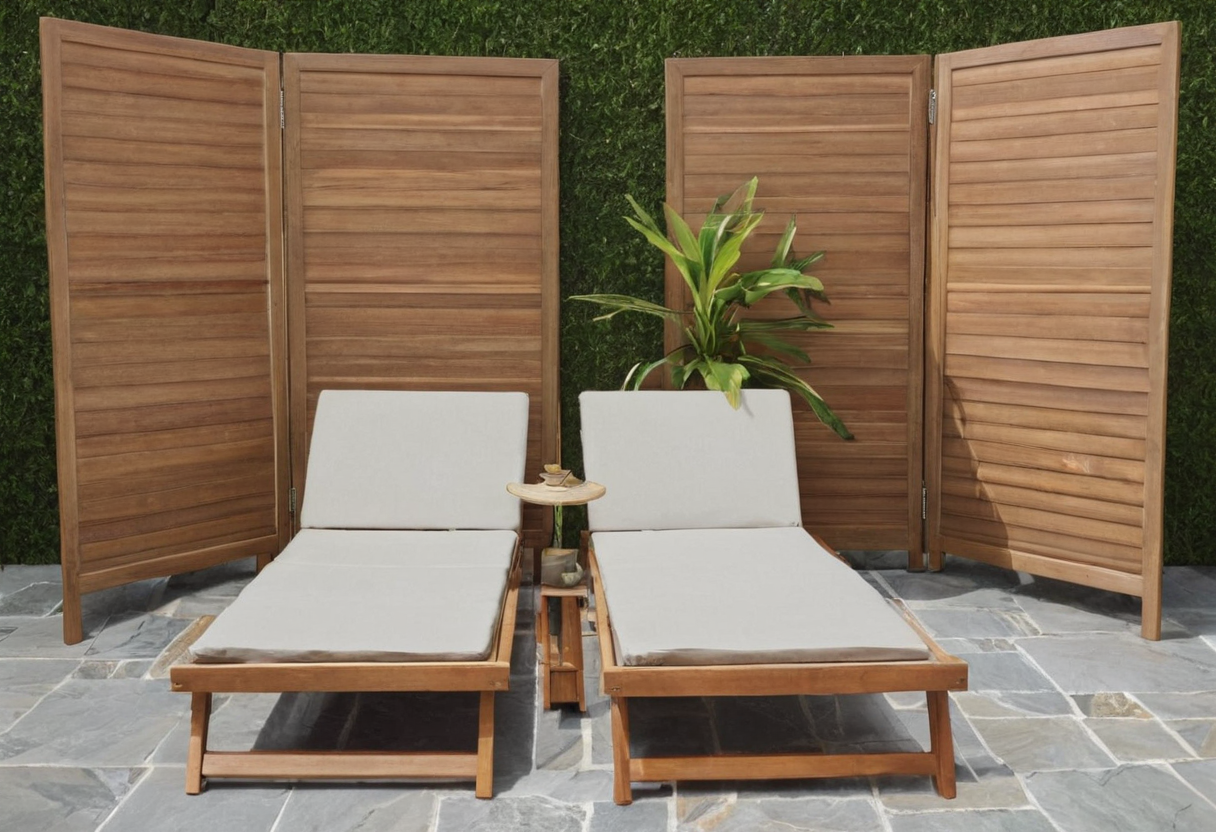 Four hinged wooden panels flank two cushioned loungers on gray stone paving, with a small side table between them.