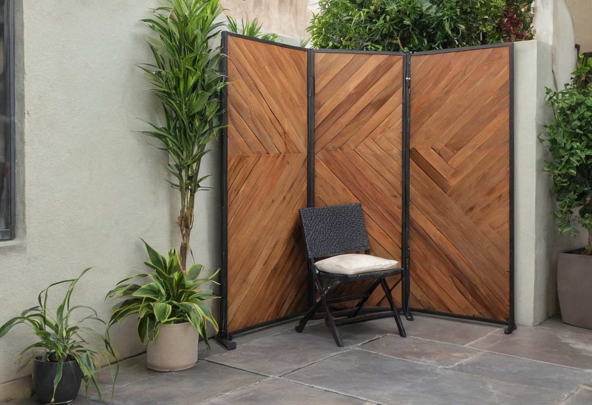 A three-panel chevron-patterned wooden folding screen stands behind one dark folding chair beside potted plants on stone paving.