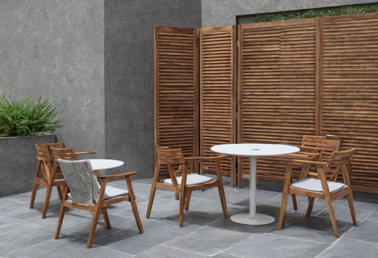 Several tall hinged louvered wood panels stand behind a round outdoor table and wooden chairs on gray paving.