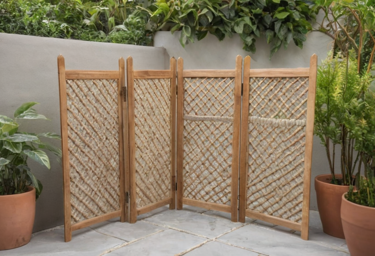 A four-panel pale wood lattice folding screen forms an angled divider on stone paving between large potted plants.