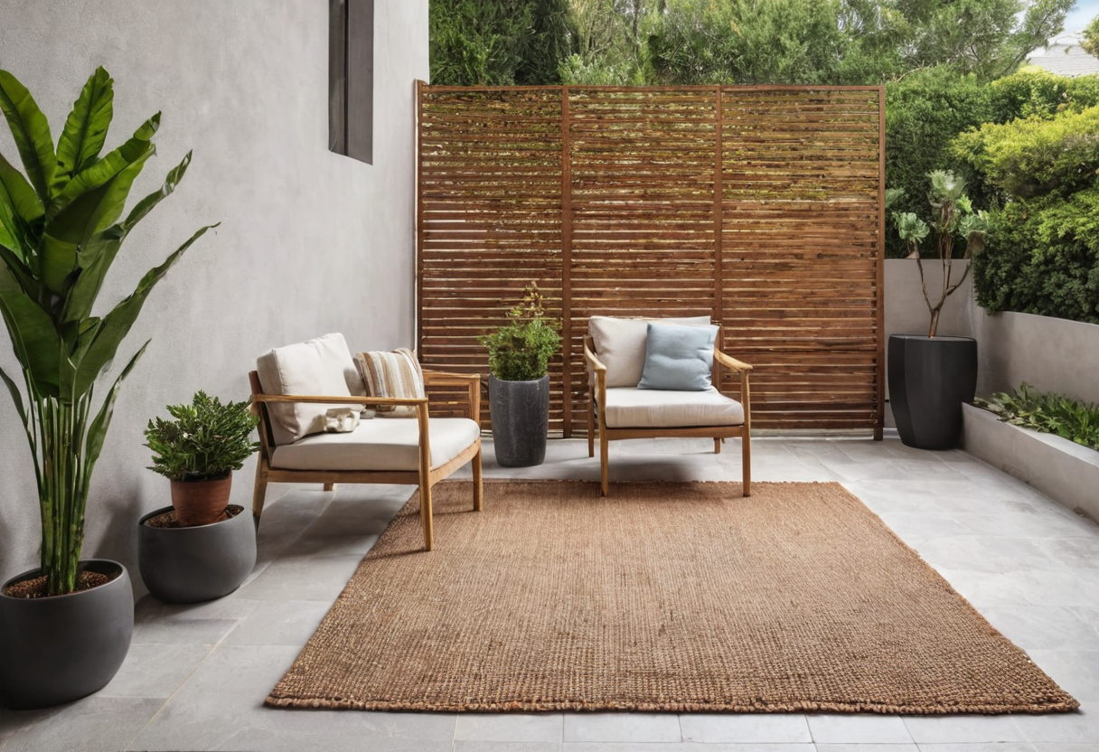 A horizontal slatted wooden screen stands behind two cushioned patio chairs and a rectangular woven rug.