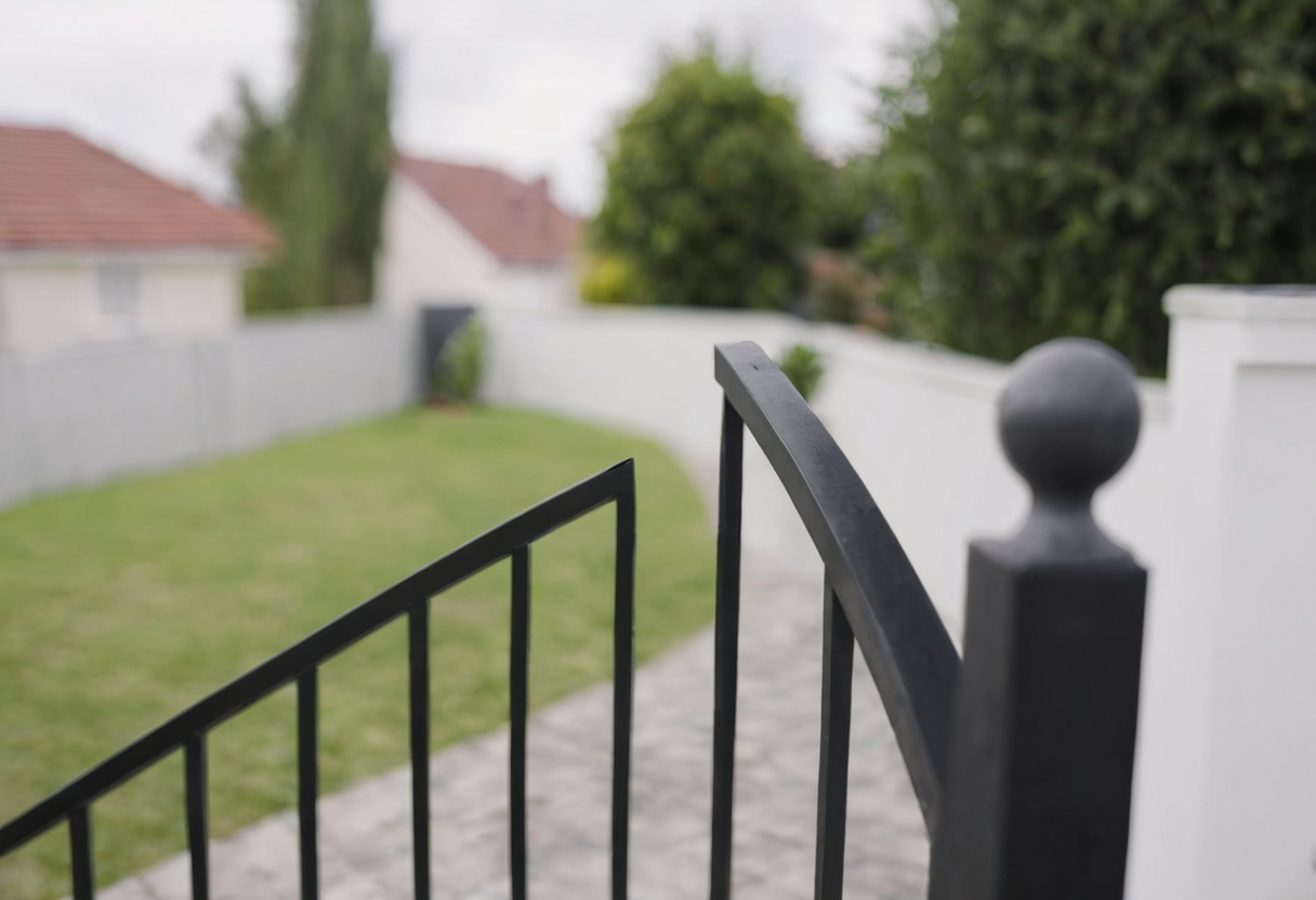 Curved black metal gate rail and round post top with a blurred lawn and houses behind.