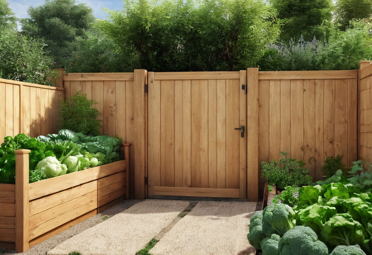 Closed solid timber gate between wooden fence panels with a gravel approach and raised vegetable beds on both sides.