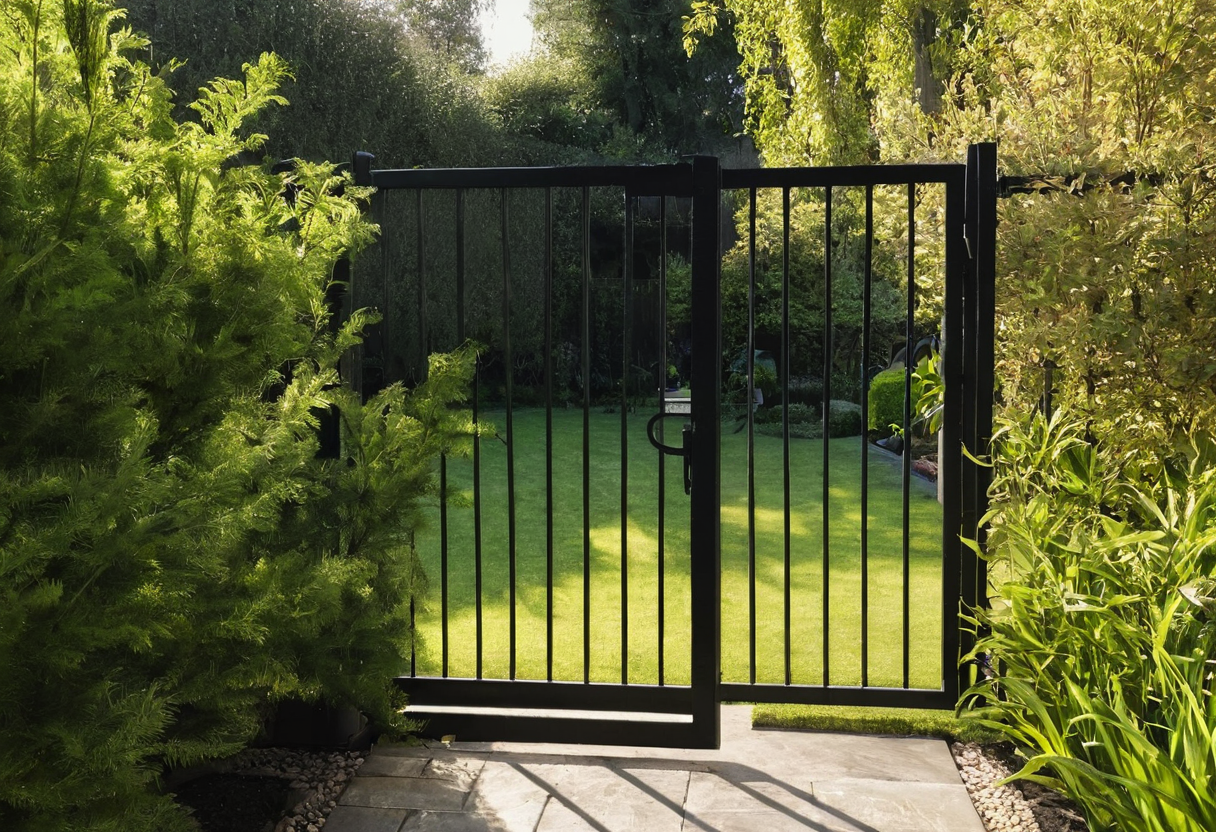 Closed black metal gate with vertical bars framed by dense green plants, lawn visible beyond.