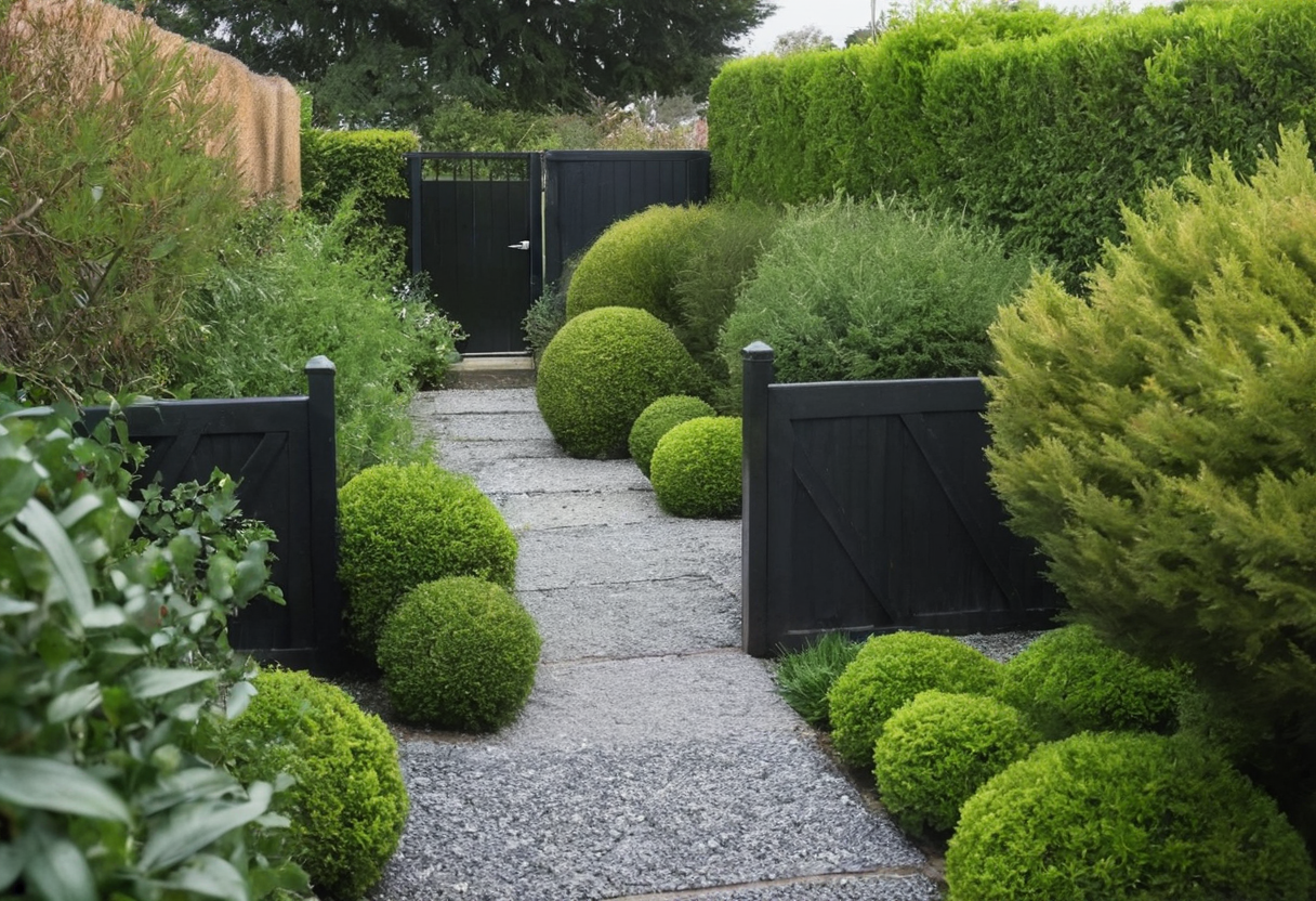 Narrow gravel path bordered by rounded shrubs leads from open dark side panels toward a distant closed dark gate.