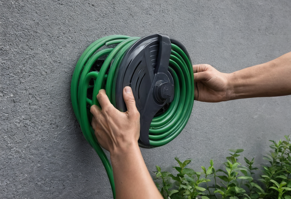 Two hands steadying a black wall-mounted hose reel with green hose coils against a gray exterior wall.