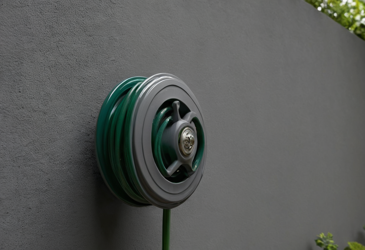 Gray circular hose reel with green hose mounted on a smooth gray exterior wall, short hose end hanging below.