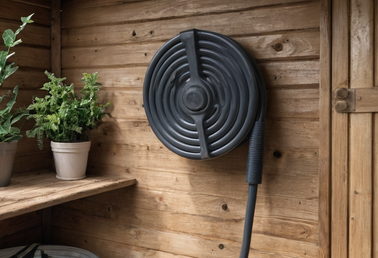 Dark hose reel with black hose mounted on an interior wooden shed wall beside a shelf holding potted plants.
