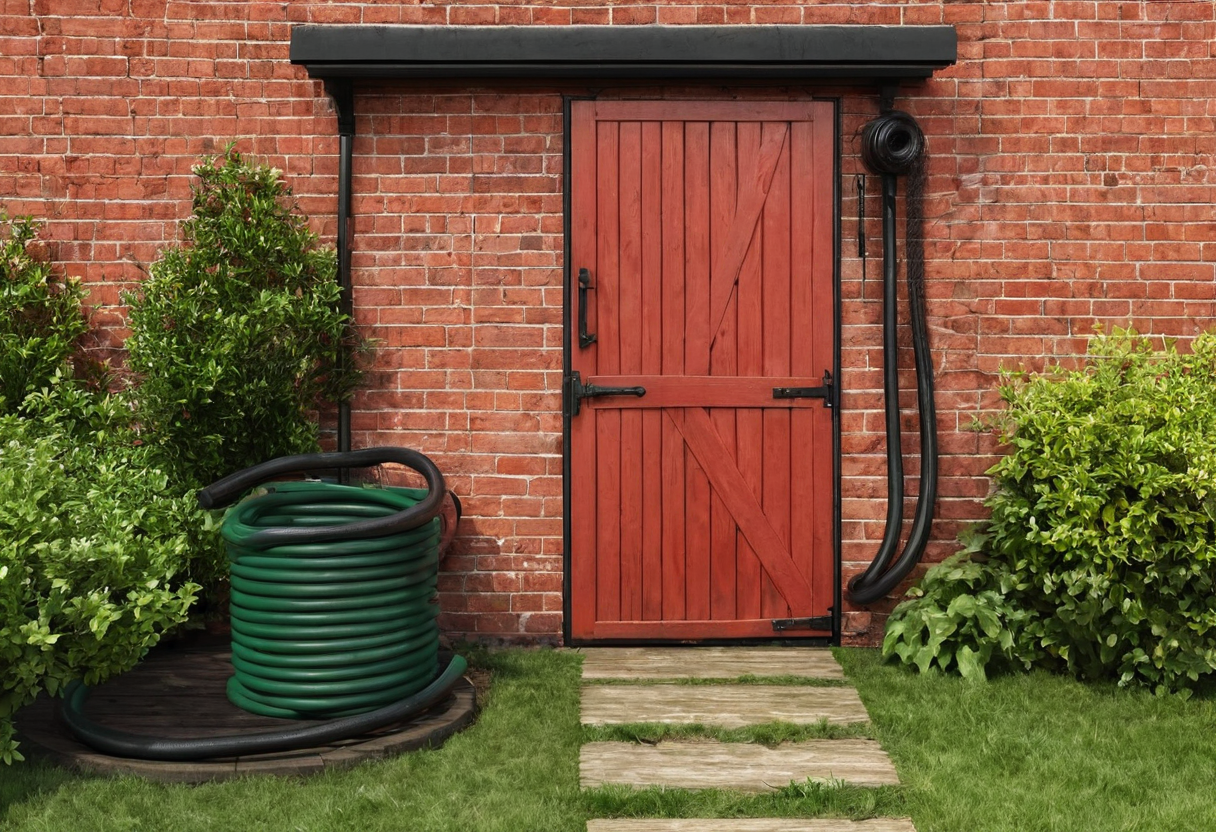 Red brick garden shed with timber door, small dark reel mounted high right of doorway, large green hose coil on ground left.