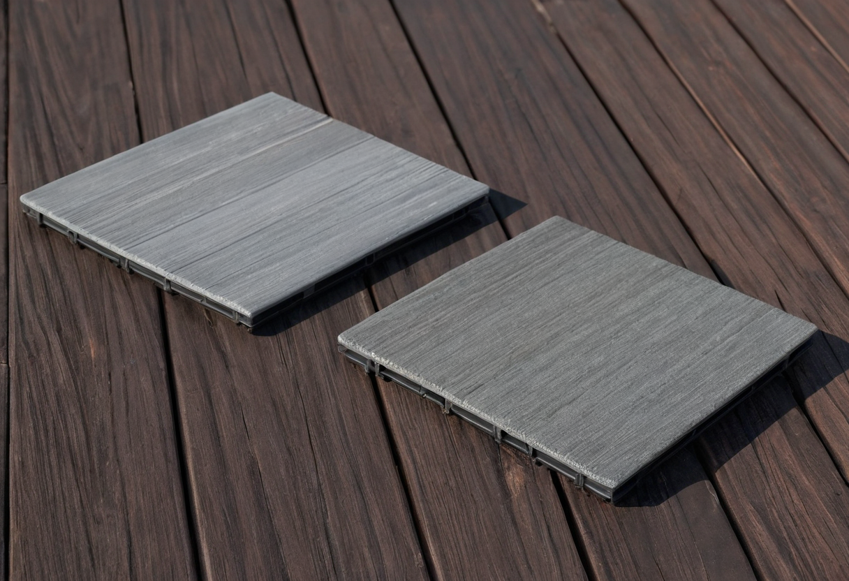 Two square gray tile samples with dark bases on brown timber deck boards.