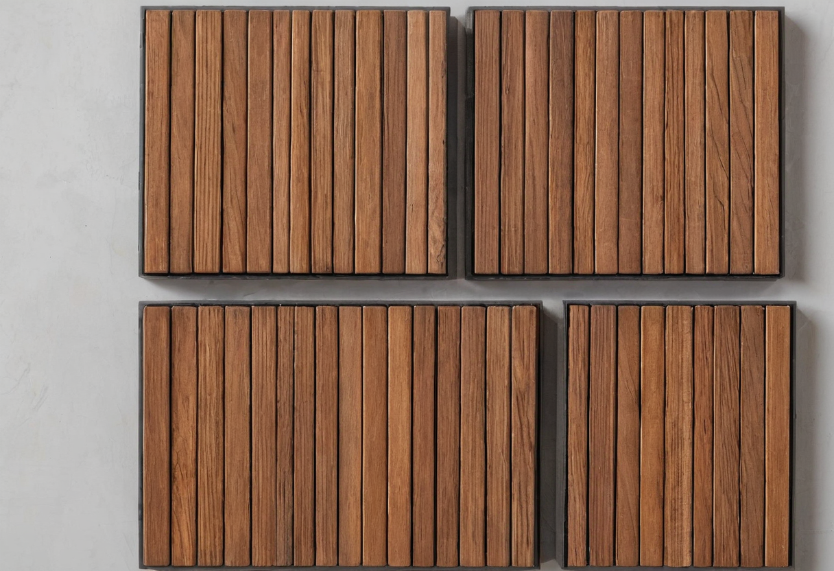 Four square wooden slat tiles with dark frames in a 2-by-2 arrangement on a light surface.