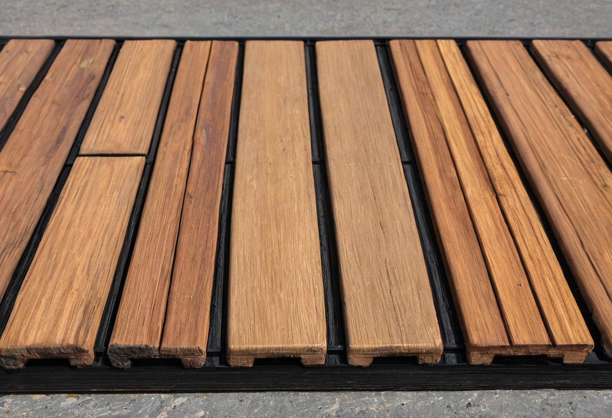 Low view of parallel narrow wood slats over a dark grid base at a patio edge.