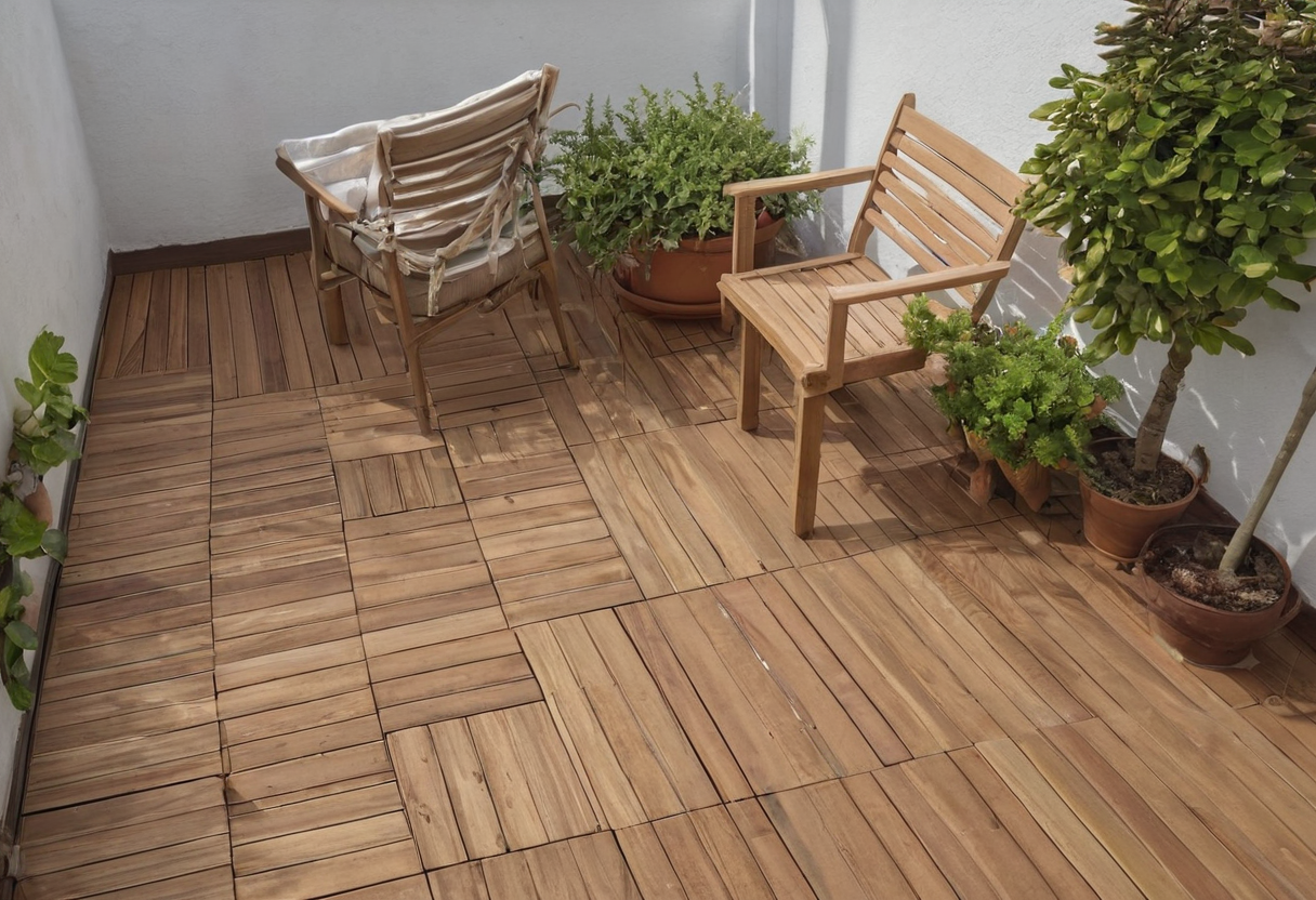Balcony covered with square wooden slat tiles in alternating orientations, with chairs and potted plants.
