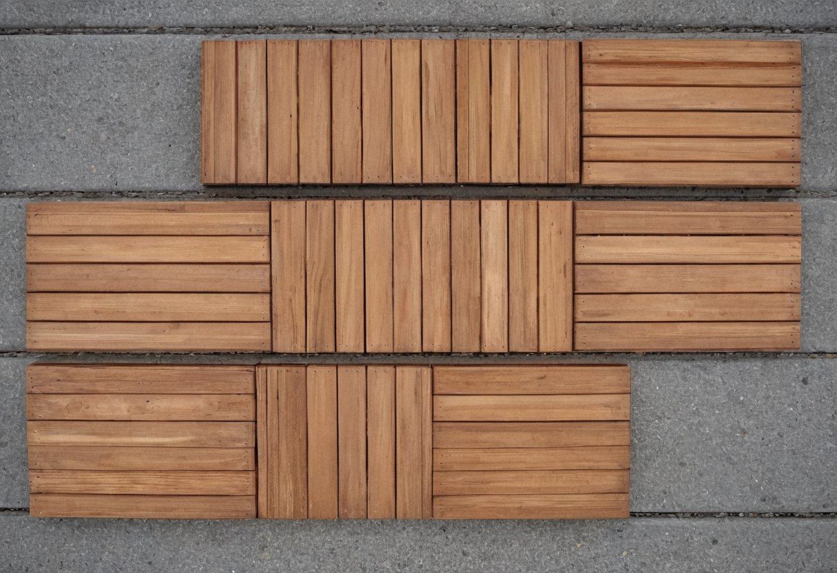 Loose rectangular and square wooden slat panels arranged on a gray concrete surface with gaps between them.