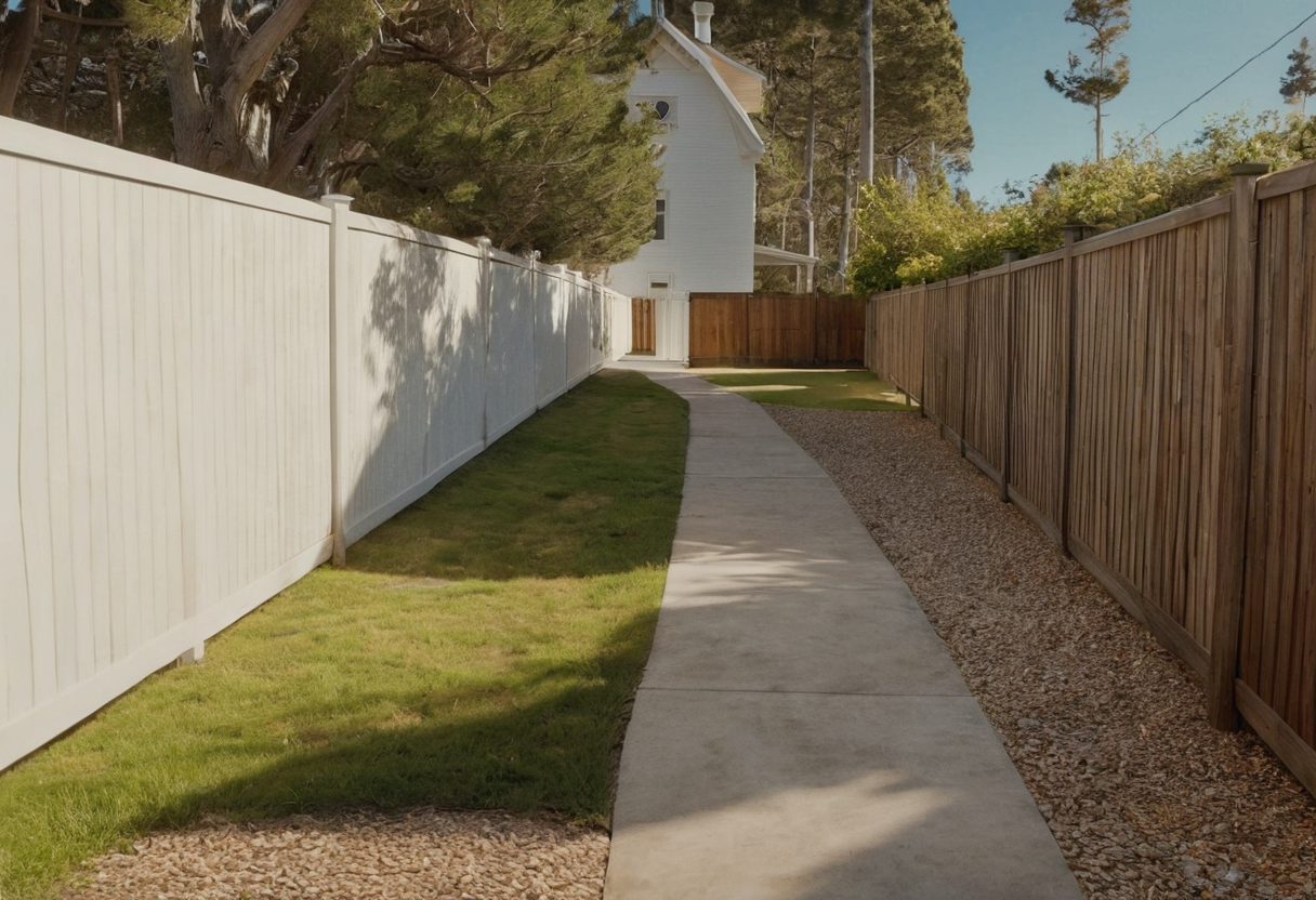 Straight concrete path bordered by grass and gravel leading toward a light-colored house between white and timber fences.