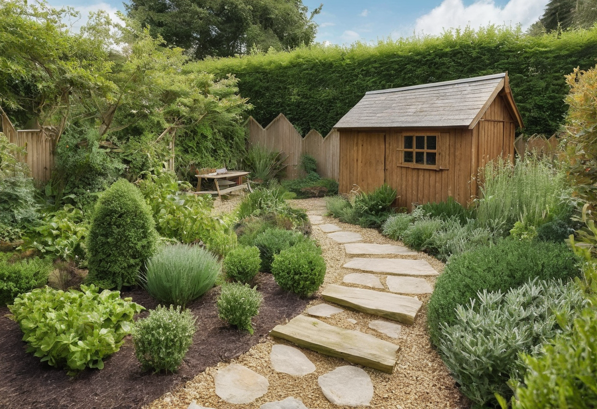 Curved stone and gravel stepping path through low green plants leading to a small wooden shed.