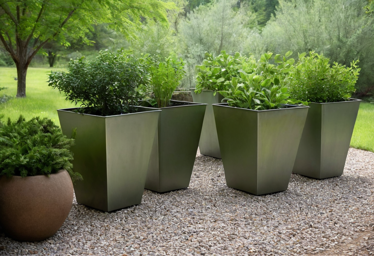 Tall square metal planters holding green shrubs arranged on a gravel surface.