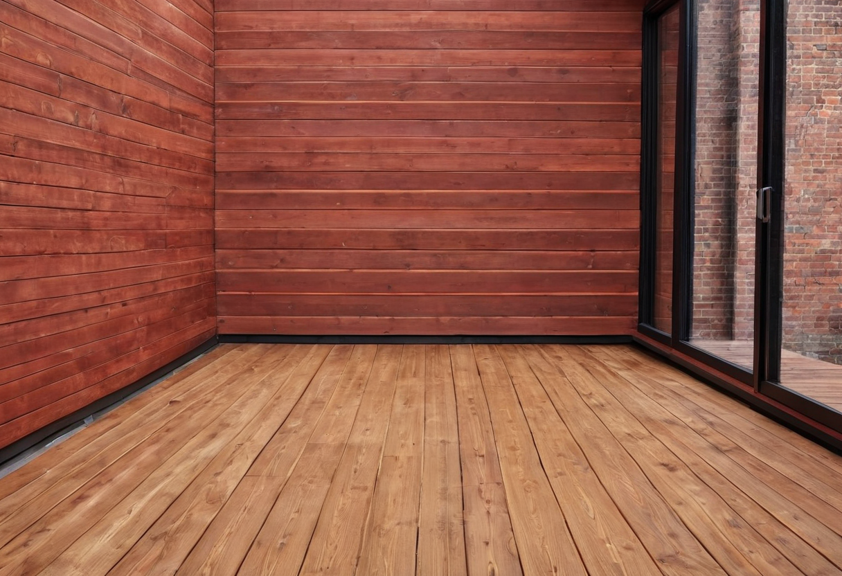 Empty wooden deck in an outdoor corner enclosed by timber-clad walls and glass doors.