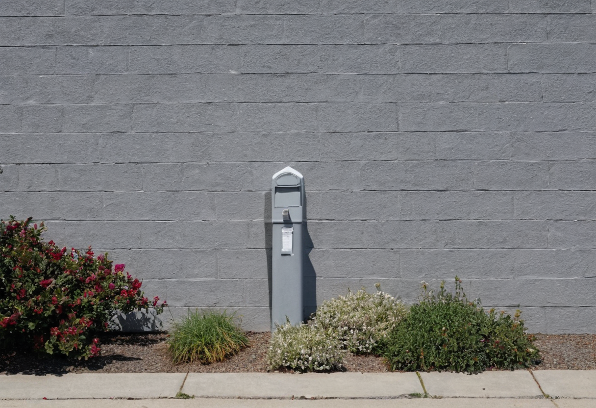 Slim gray utility fixture mounted on a gray exterior wall above low planted shrubs with paving in front.