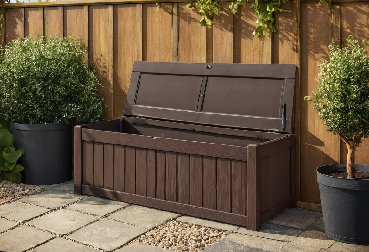 Brown outdoor storage bench beside a timber fence with its hinged seat raised, revealing a dark empty interior cavity.