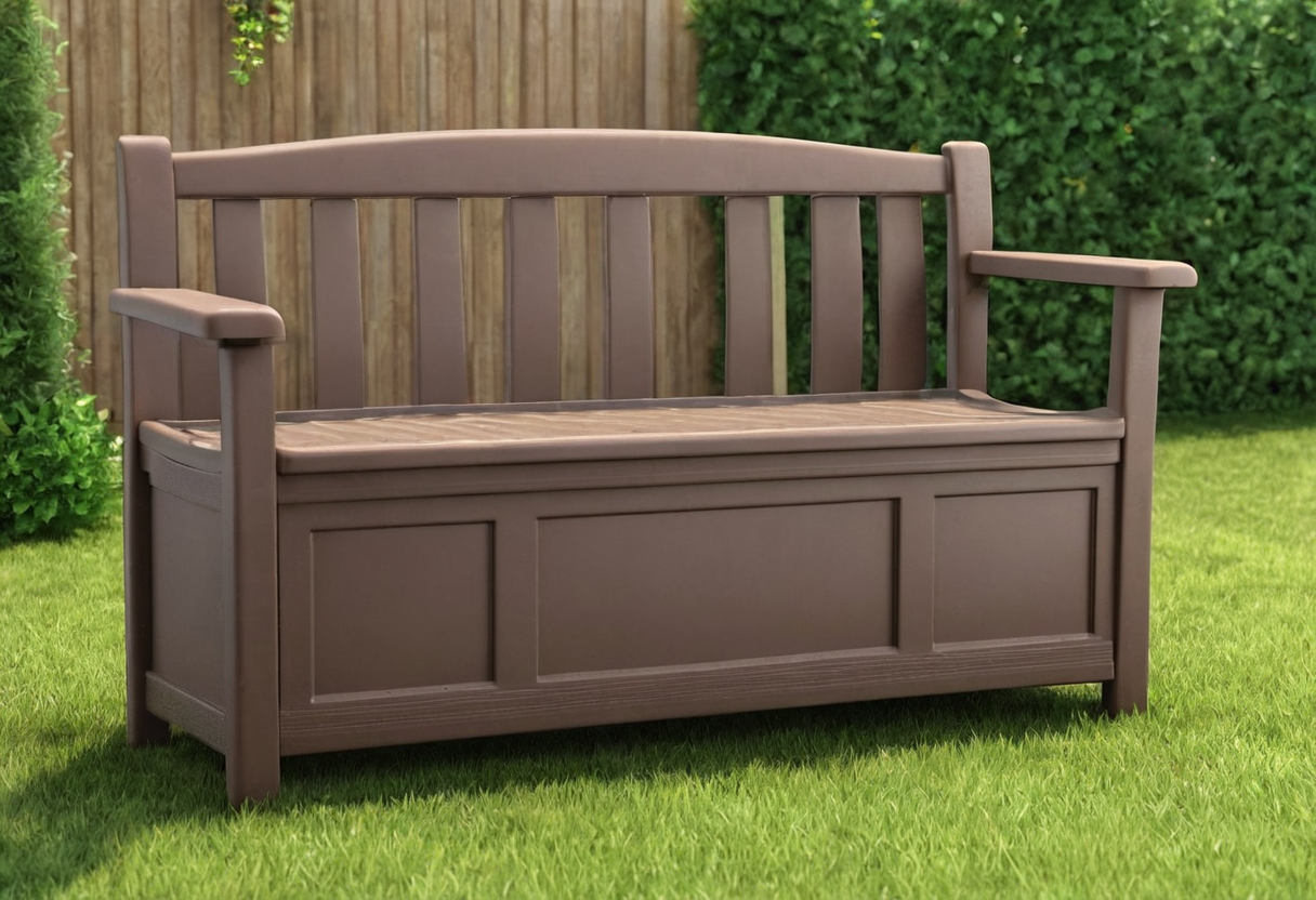 Closed brown outdoor bench with a slatted back and panelled base on green grass beside a timber fence.